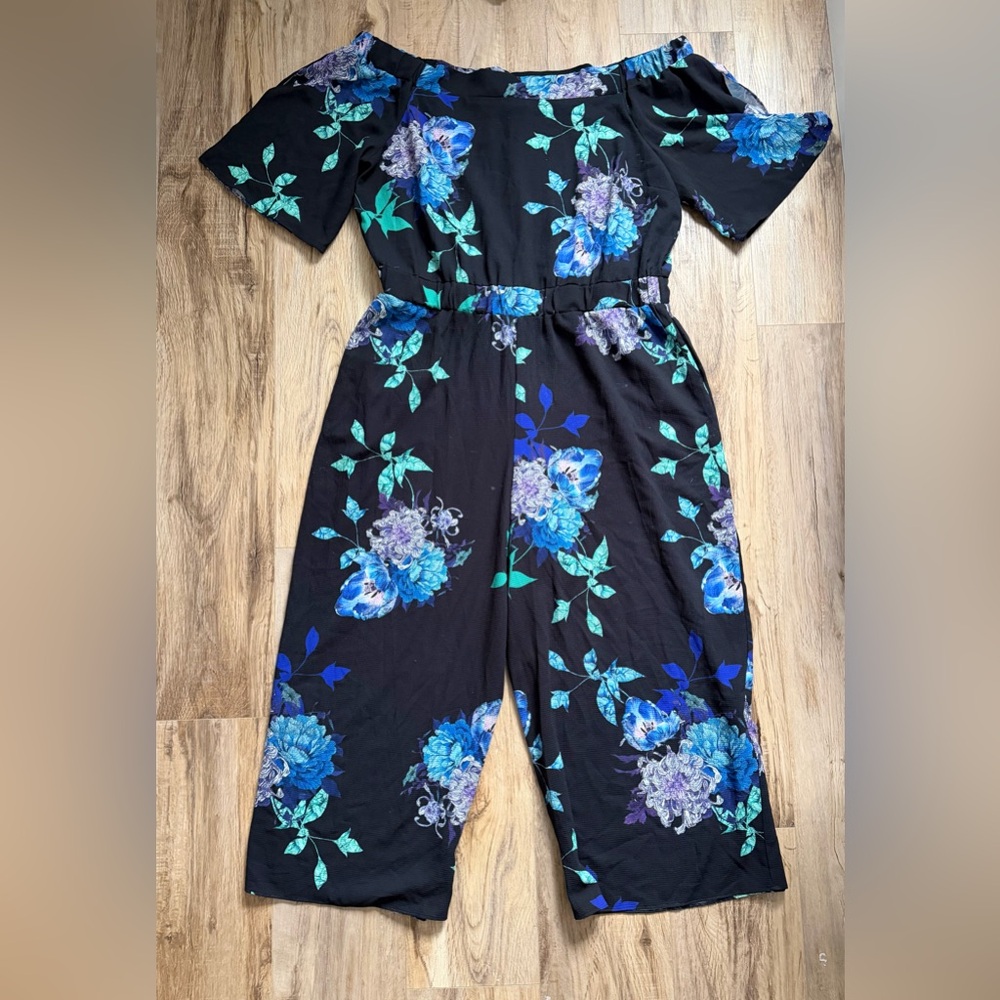City Chic Black Jumpsuit with Purple and Blue Floral Design